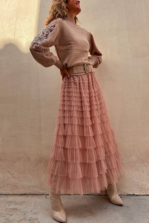 Tulle Layered Ruffle Mesh Maxi Skirt
