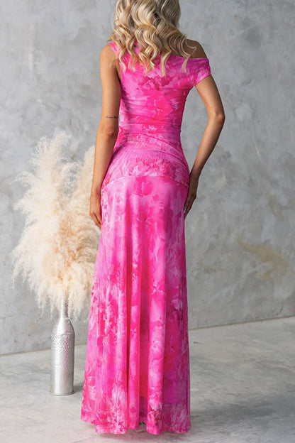 Asymmetric Shoulder Ruched Waist Print Maxi Dress