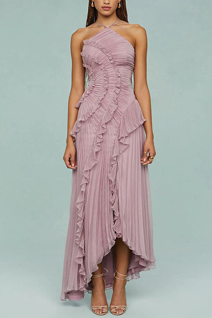 Moxidress Strappy Halter Neck Ruffle Trim Asymmetric Hem Pleated Maxi Dress