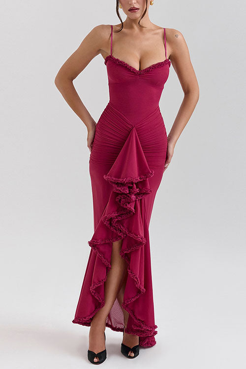 Moxidress Spaghetti Strap Frill Trim Draped Slit Maxi Dress