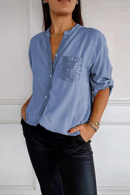Rolled Up Sleeves Button Down Sequin Splice Blouse Shirt