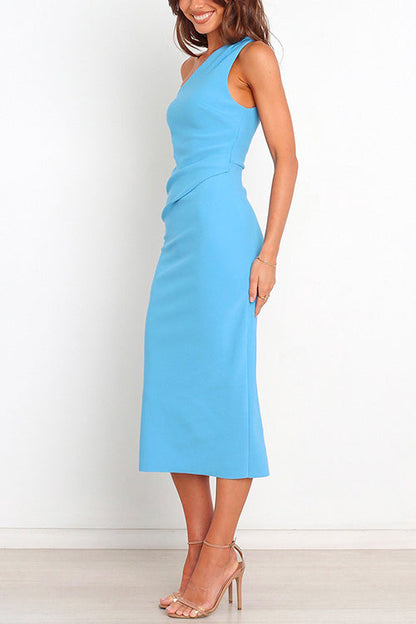 Moxidress One Shoulder Sleeveless Side Split Ruched Midi Dress