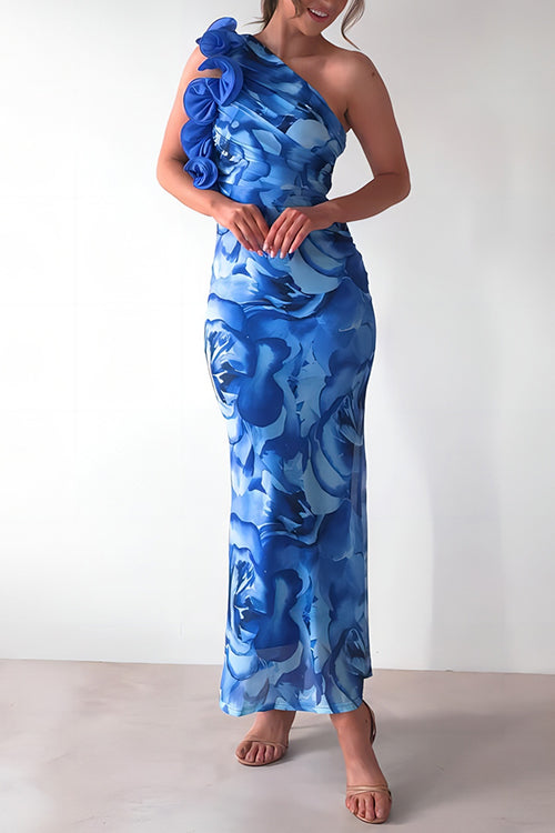 Moxidress Ruffle One Shoulder Print Bodycon Maxi Dress
