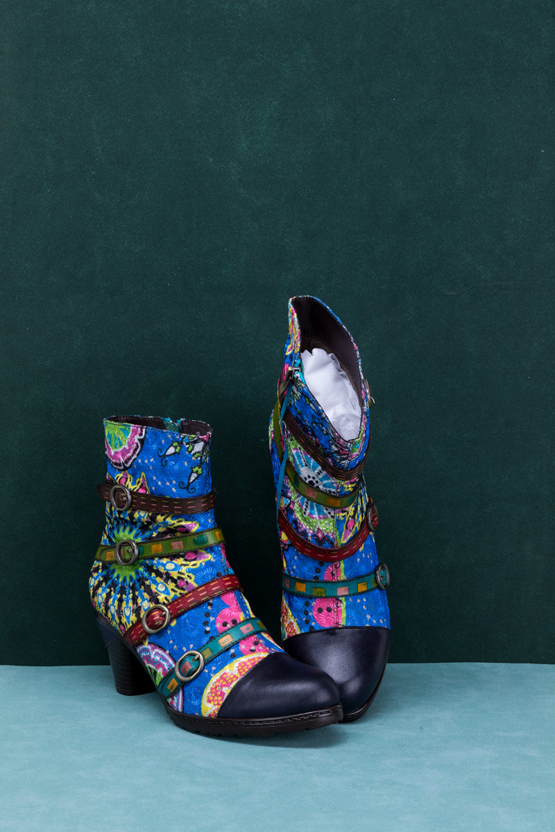 Soffia | Mandala Blue Firework Strap Accent Leather Boot