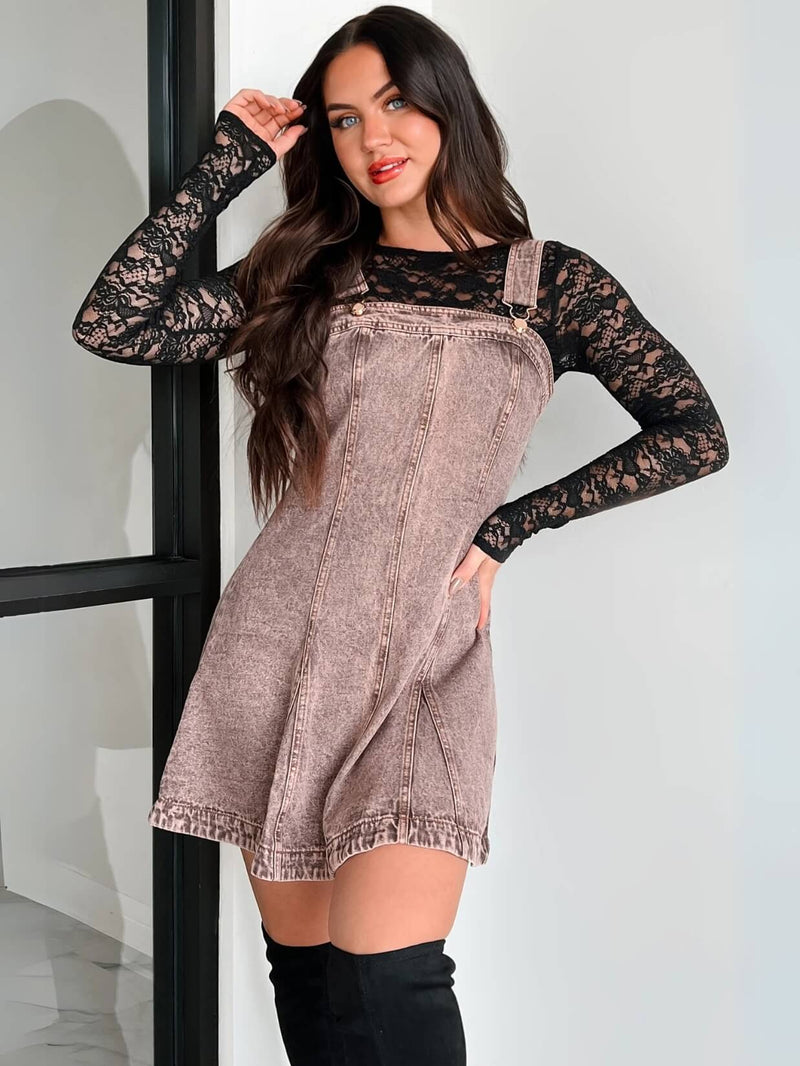Sloane Relaxed Denim Overall Mini Dress - Brown