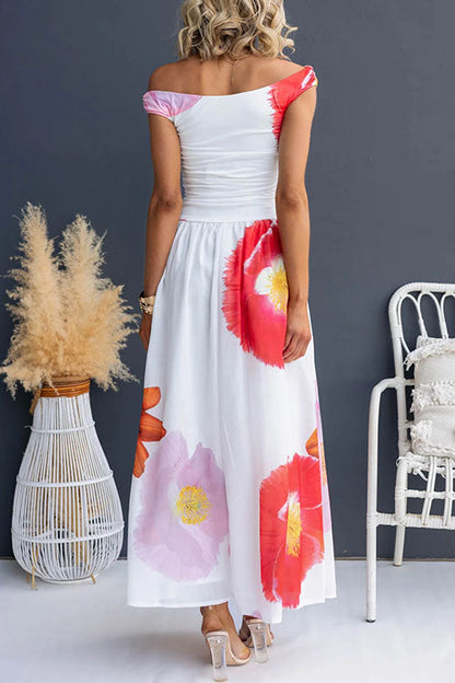 Boat Neck Waisted Print Swing Maxi Dress