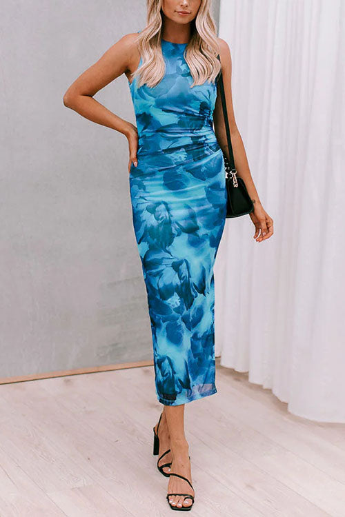 Moxidress Side Slit Sleeveless Print Bodycon Midi Dress