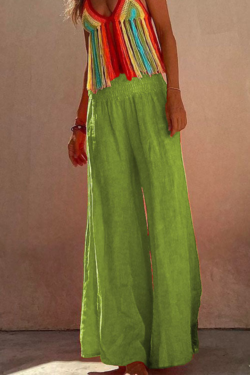 Smocked Elastic Waist Baggy Wide Leg Cotton Linen Pants