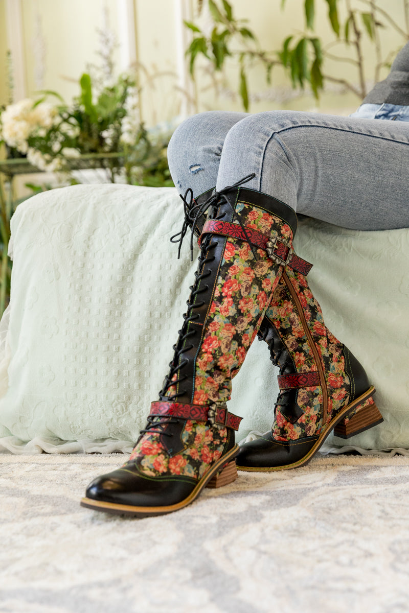 Soffia | Blooming Tie-accent Leather Knee High Boot
