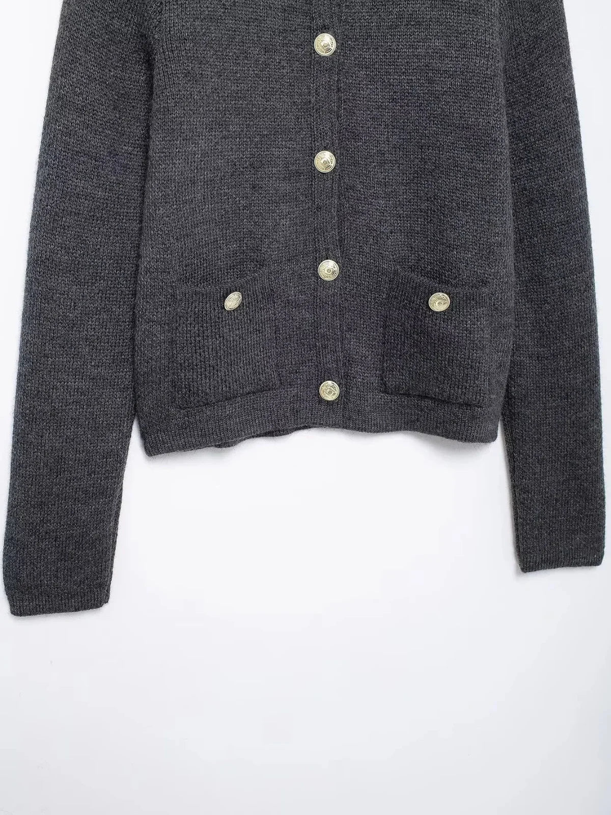 Gold Decorated Row Button Short Knitted Cardigan