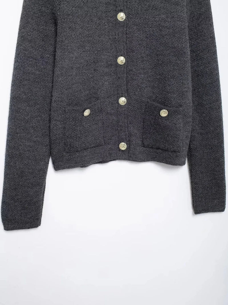 Gold Decorated Row Button Short Knitted Cardigan