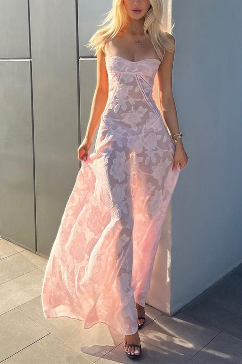 Spaghetti Strap Back Lace-up Applique Flower Lace Maxi Dress