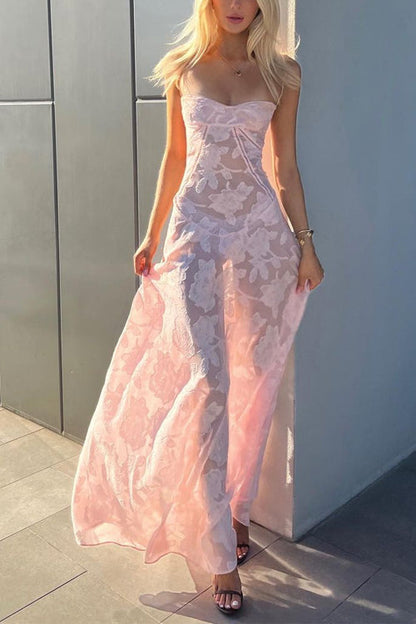 Spaghetti Strap Back Lace-up Applique Flower Lace Maxi Dress