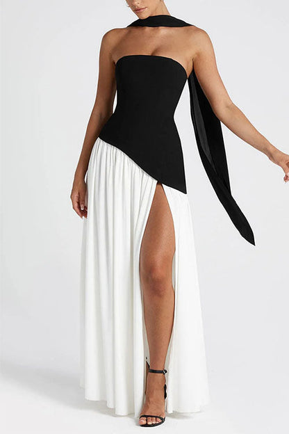 Moxidress Strapless Back Lace-up High Slit Splice Maxi Dress