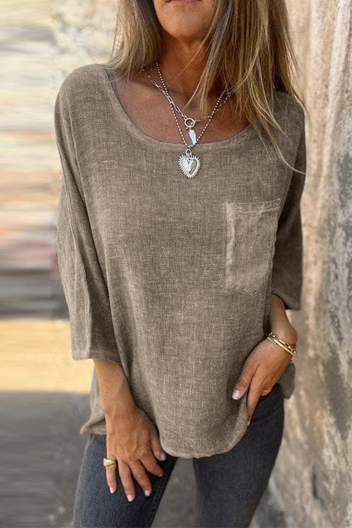 3/4 Sleeves Pocketed Cotton Linen T-shirt
