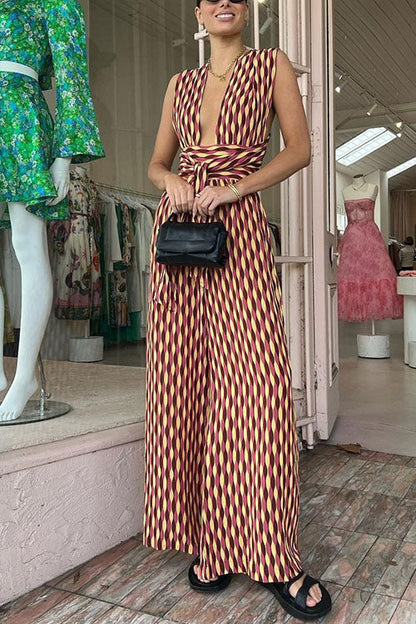 Back Criss Cross Knot Waist Wide Leg Printed Jumpsuit