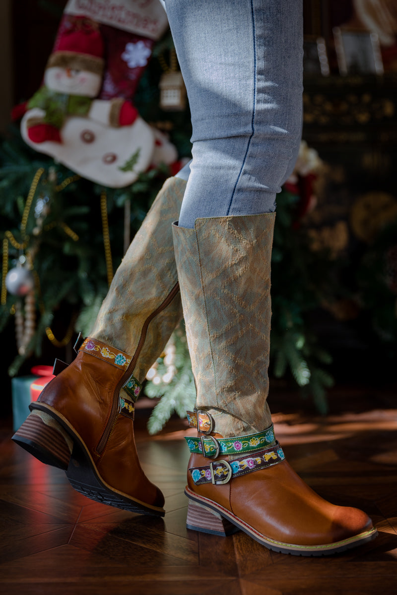 Soffia | Tri-strap Canvas Leather Knee High Boot