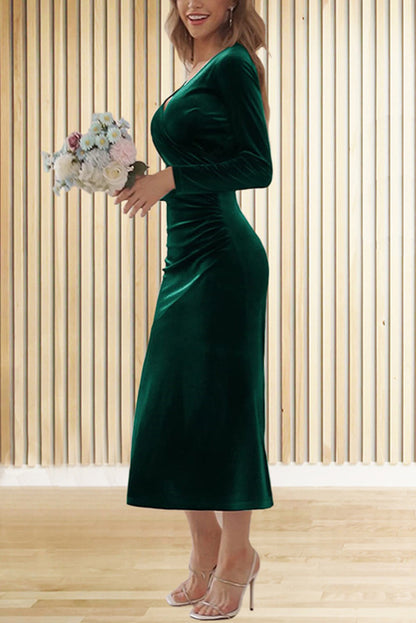 Color Velvet Long Sleeve V-neck Slim Fit Fishtail Maxi Dress