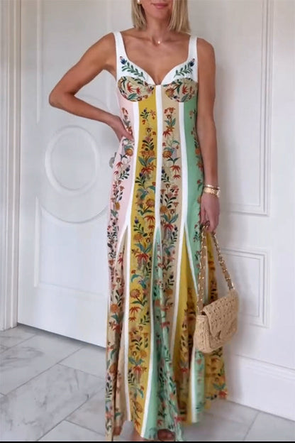 Sweet Garden Linen Blend Color Block Paneled Maxi Dress