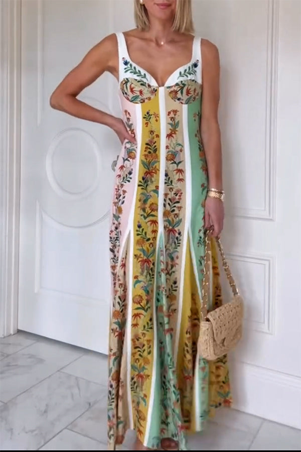 Sweet Garden Linen Blend Color Block Paneled Maxi Dress