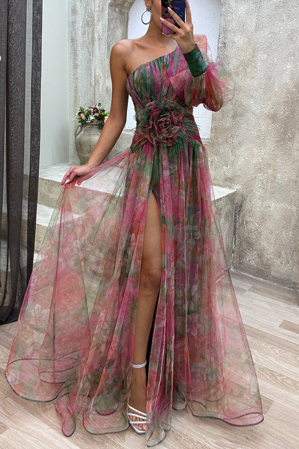 Picturesque Beauty Tulle Pleated One Shoulder Sleeve Slit Maxi Dress