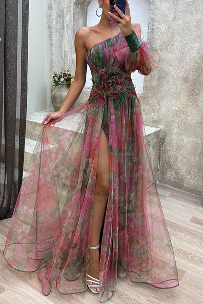 Picturesque Beauty Tulle Pleated One Shoulder Sleeve Slit Maxi Dress