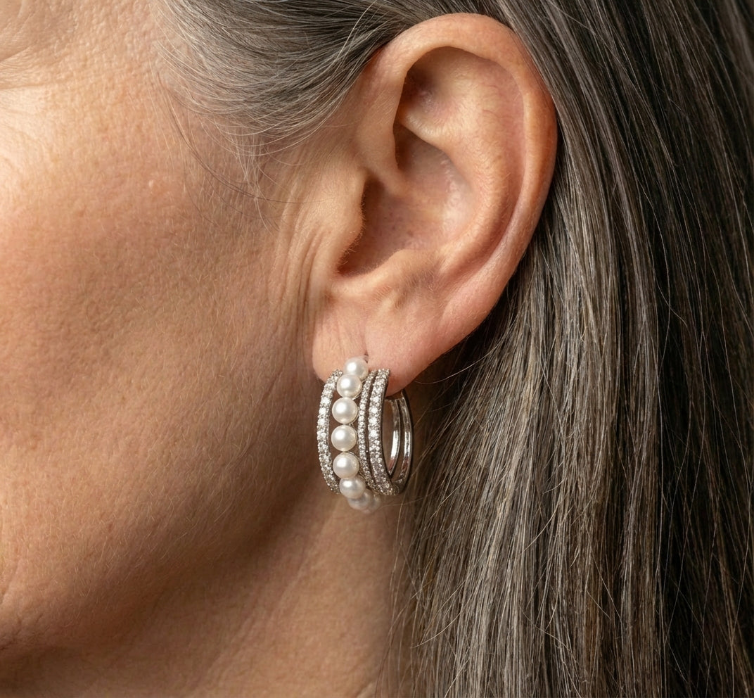 Vintage Pearl Inlaid Rhinestone Hoop Earrings