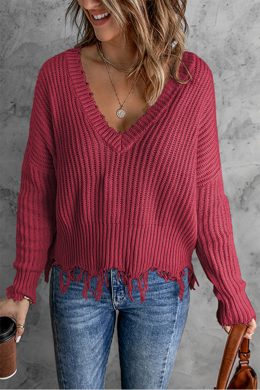 Tassel Hem Pullover V Neck Sweater