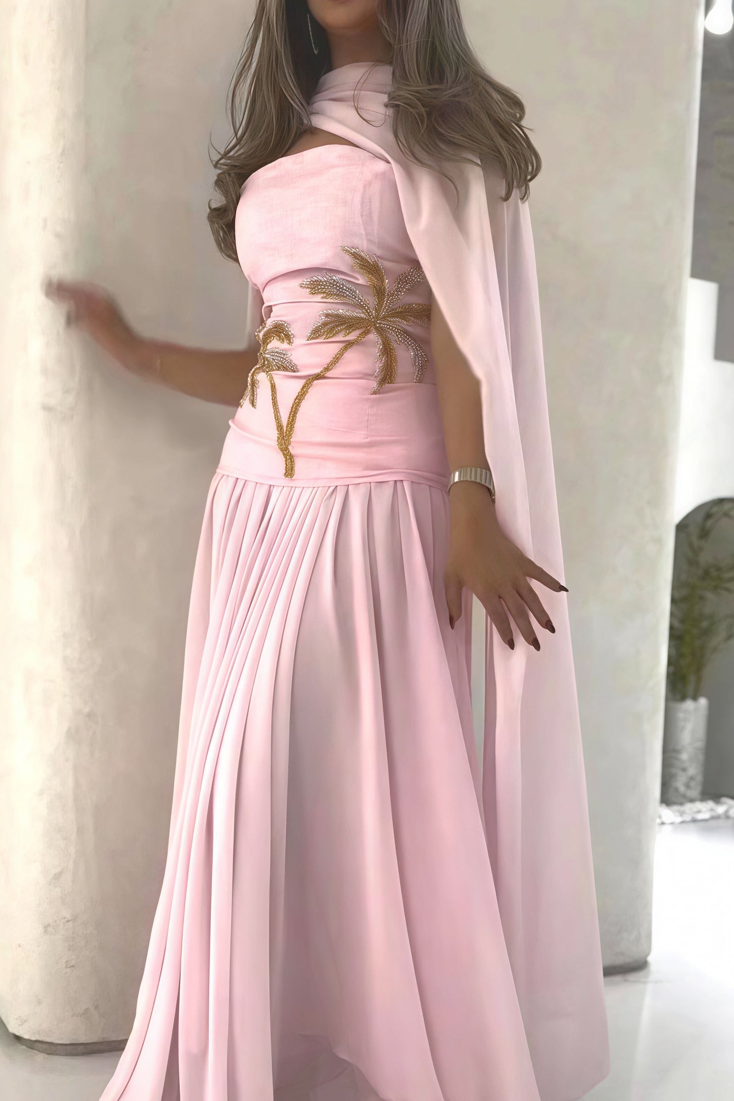 Chiffon Cape Beaded Maxi Dress