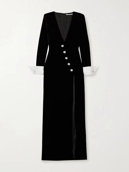 Long Sleeves Skinny Asymmetric Buttoned Shoulder Pad Split-front Deep V-neck Maxi Dresses