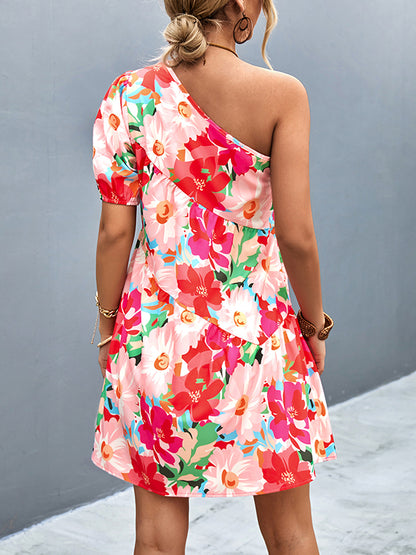 A-line Bishop Sleeve Flower Print Split-joint One-shoulder Mini Dresses