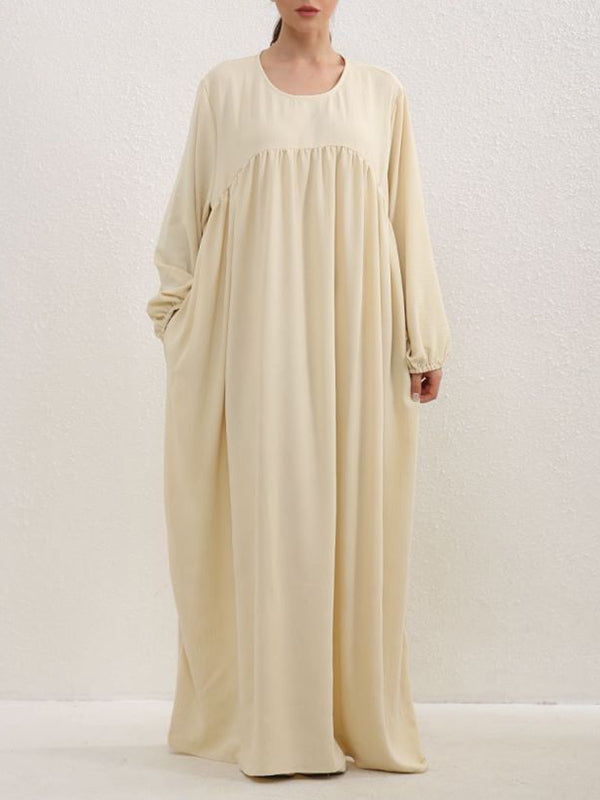 Long Sleeves Loose Pleated Color Split-joint Round-neck Maxi Dresses