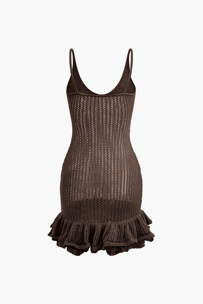 Color Open Knit Ruffle Hem Cami Mini Dress