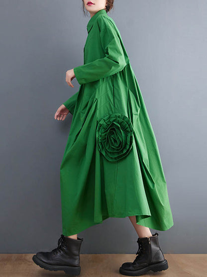 Urban Applique Pleated Long Sleeves Shirt Dress Midi Dress