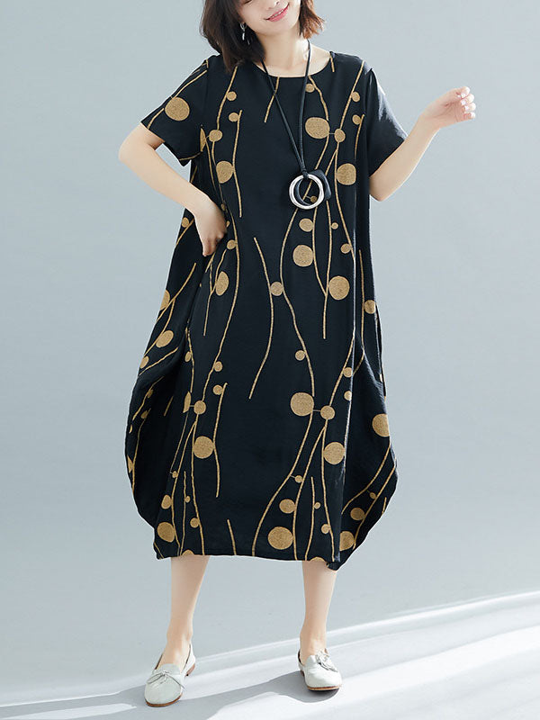 Loose Short Sleeves Printed Round-neck Midi Dresses