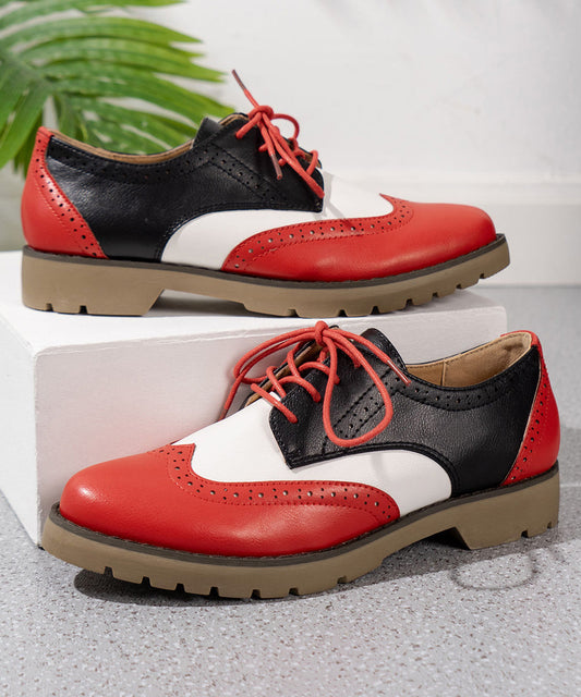 Red Lace Up Splicing Faux Leather Hollow Out Flats Shoes