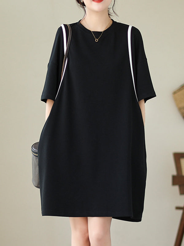 Loose Short Sleeves Split-joint Round-neck Mini Dresses