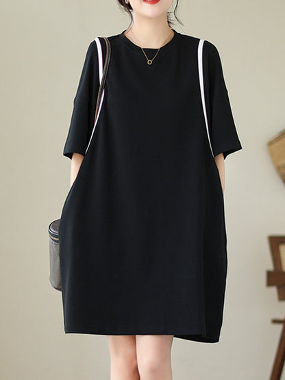 Loose Short Sleeves Split-joint Round-neck Mini Dresses