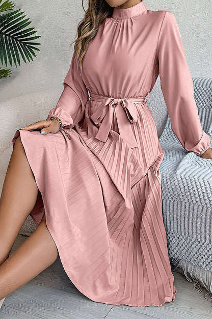 Stand-collar Long-sleeve Waisted Tie-up Pleated Midi Dress