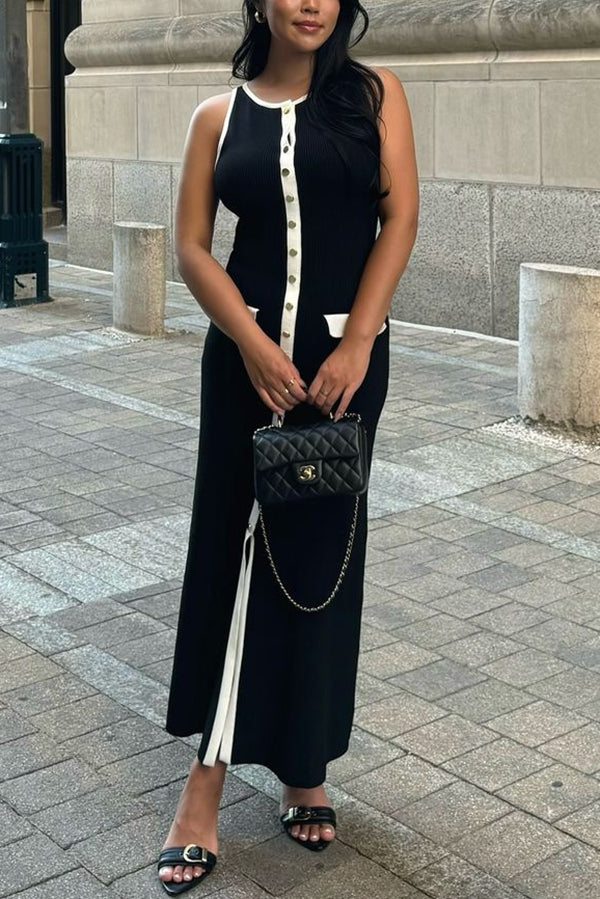 Slim Fit Crew Neck Buttoned Sleeveless Knit Midi Dress