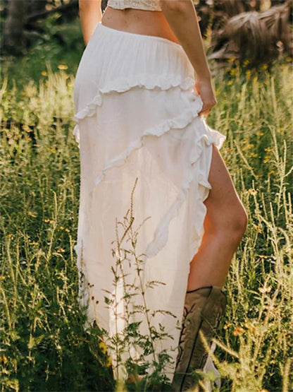 White Ruffled Patchwork Long Skirt See-through for Split Summer Beach Holiday Maxi Skirt ’s Y2k Skirt