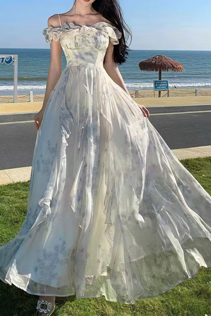 Spaghetti Strap Ruffled Flowy Maxi Dress