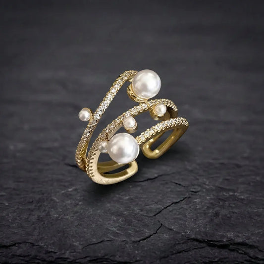 Exquisite Three Layer Pearl Gold Adjustable Ring