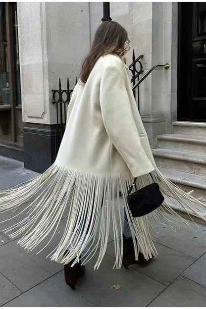 Color Fringe Long Blazer Coat