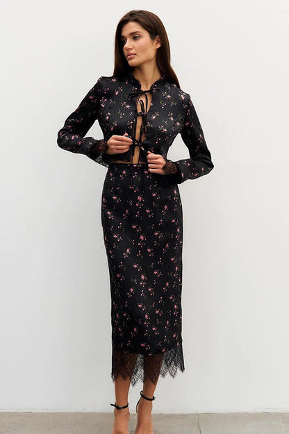 Button Front Long Sleeve Blouse Skirt Set