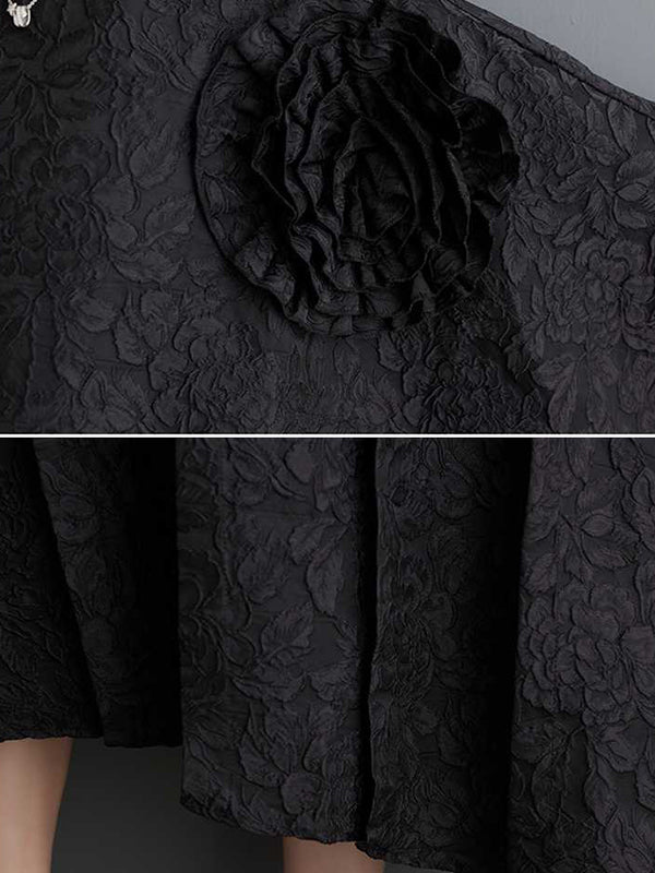 Batwing Sleeves Loose Asymmetric Flower Shape Gauze Jacquard Pleated Color Split-joint Round-neck Midi Dresses