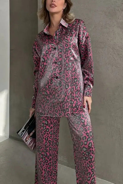 Leopard Print Long-sleeved Top and Loose Elastic Waist Tie Pants Set