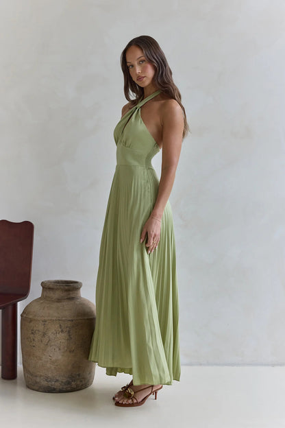 Color Halter Neck Hollowed-out Pleated Holiday Maxi Dress