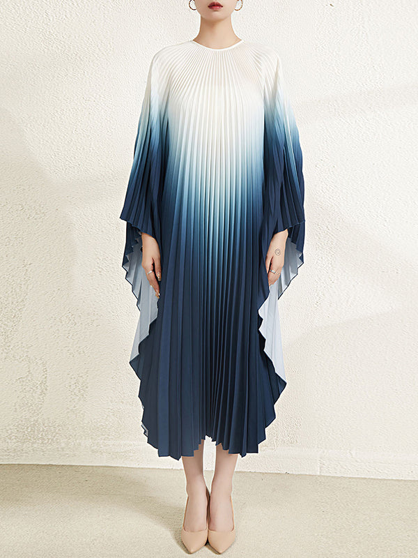 Batwing Sleeves Loose Gradient Pleated Round-neck Midi Dresses