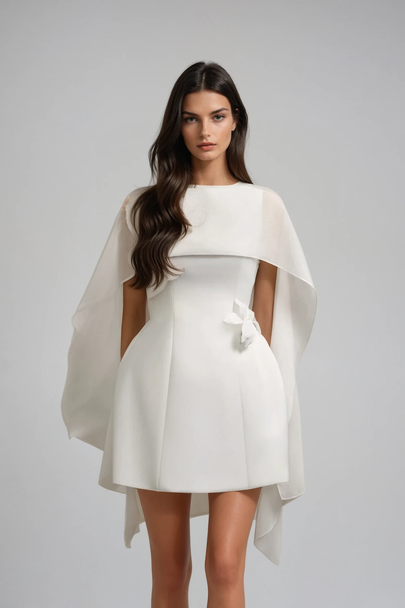 Davina Shawl Flower Mini Dress in White